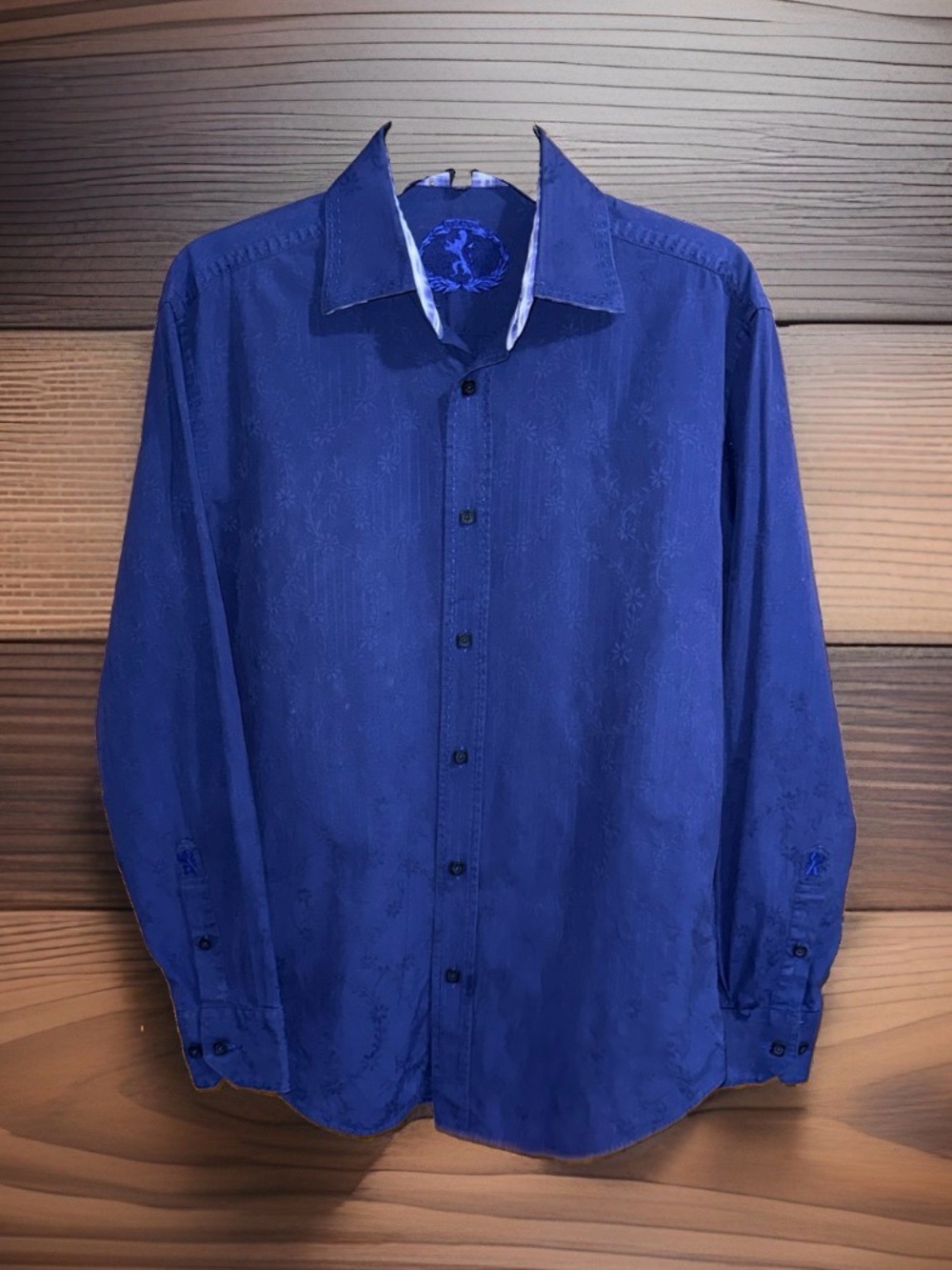Bugatchi Blue Long-Sl. Button-Up Shirt w/Subtle Stripes & Floral Pattern-M-GC